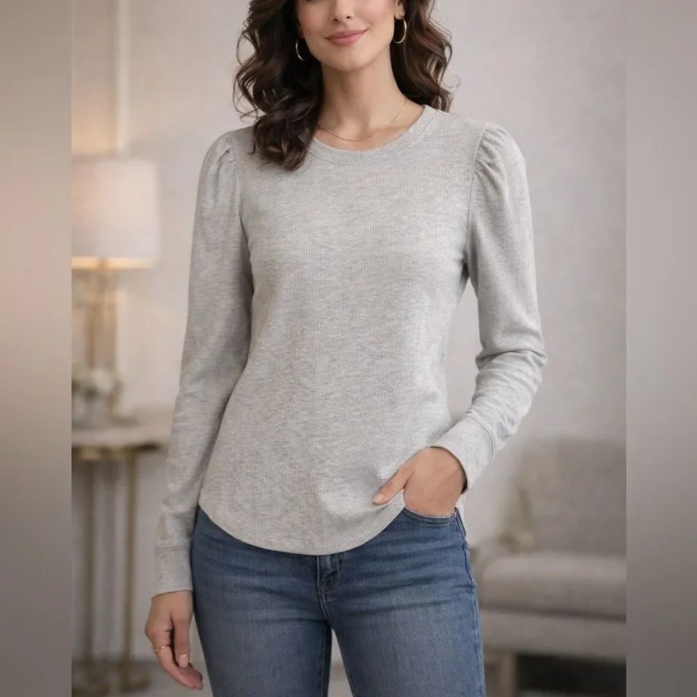 ON 34TH Gray Waffle Knit Puff Sleeve Top Crewneck Long Sleeve Size L